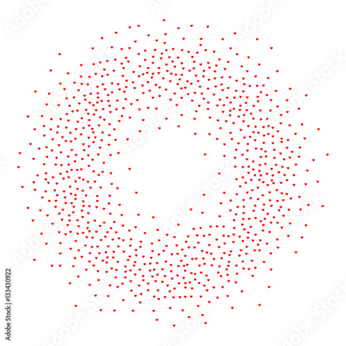 Burst from hearts. Frame halftone effect. Red dots on white background. Red and white Sunburst background. Abstract dotted surface. Retro, vintage, hipster style