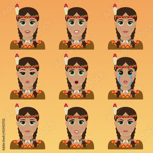 Set of cute american indian emoticons.