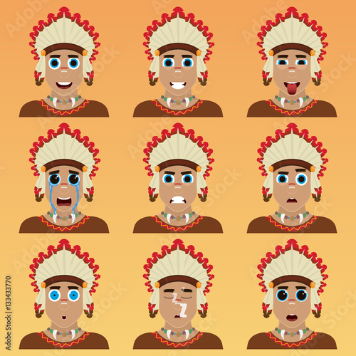 Set of cute american indian emoticons.