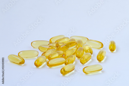 Fish oil, omega 3 and vitamin D capsules.
