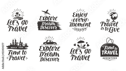 Travel, journey vector set labels. Handwritten lettering