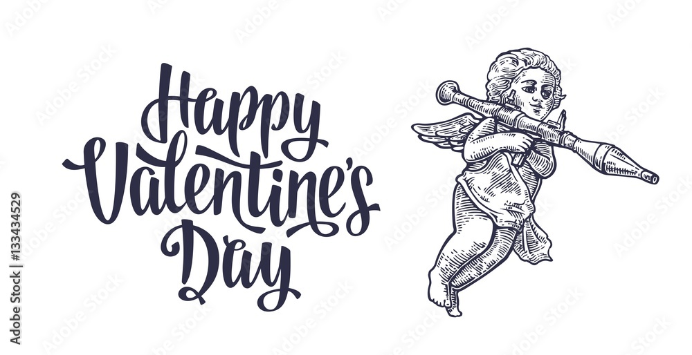 custom made wallpaper toronto digitalValentines Day and angel with a grenade launcher. Vintage lettering. Vector illustrations and typography elements. Red background.