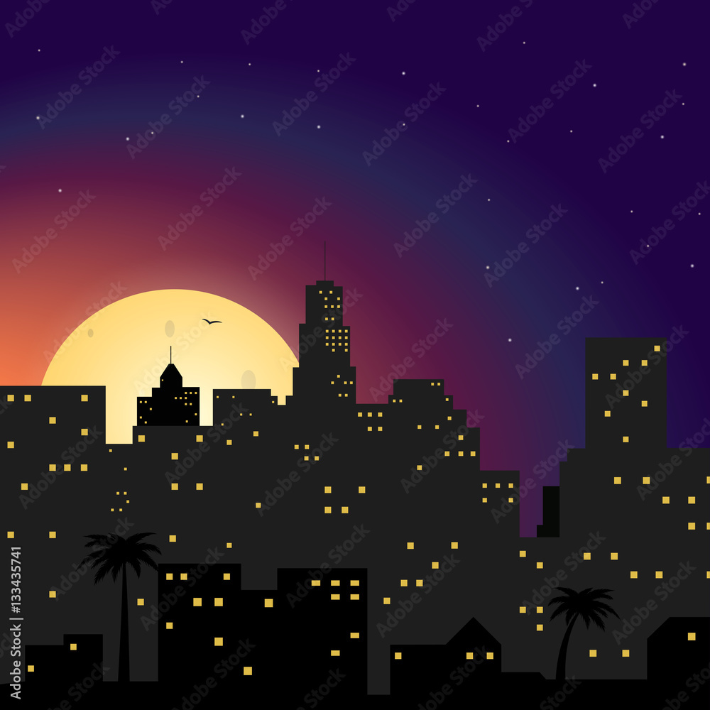 City at night with yellow moon