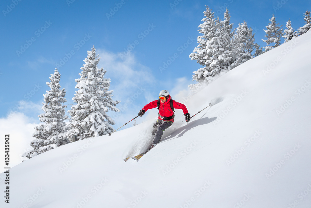 Freeride skiier riding in deep powder snow - obrazy, fototapety, plakaty 