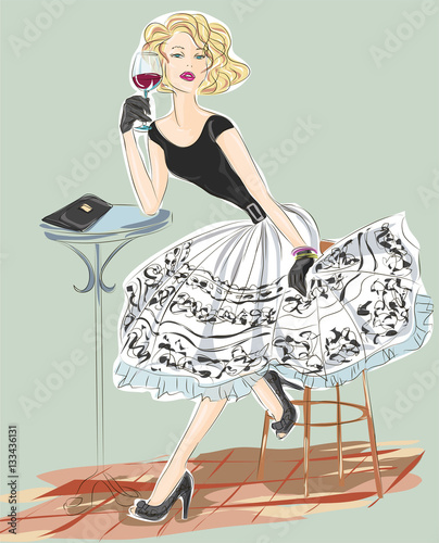 Fashion girl with glass of red wine sitting in street cafe, vector