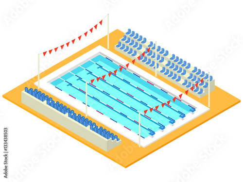 Realistic isometric sport pool. Creative 3D vector illustration with basin, flags and tribune. Perspective design used for infographics, banner, poster or card creation.