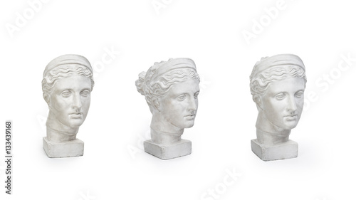 Marble head of young woman, ancient Greek goddess bust isolated on white background with copy space for text.