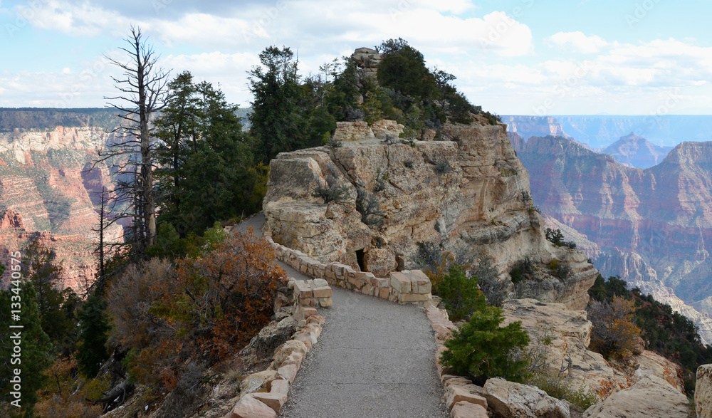 Path to bright angel vista point in Grand Canyon National Park landscape from north rim on a cloudy sky