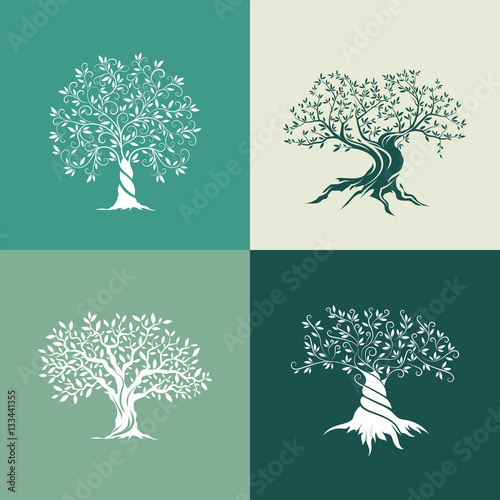 Olive trees silhouette icon set isolated on green background.