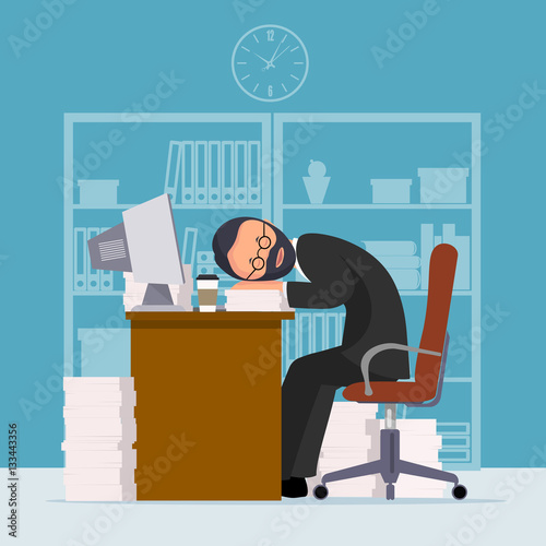 Comical image of office worker who has fallen asleep in a workplace.