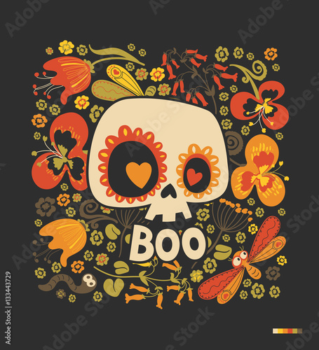 Cartoon sugar skull silhouette with heart eyes, floral ornament and multicolored flowers on black background. Day of the Dead festive decoration. Vector illustration for postcard, banner, poster.