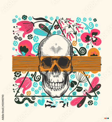 Human skull drawn in vintage engraving style, translucent orange band and triangle on background with flowers and insects. Kitschy vector illustration in pop art style for postcard, flyer, invitation.