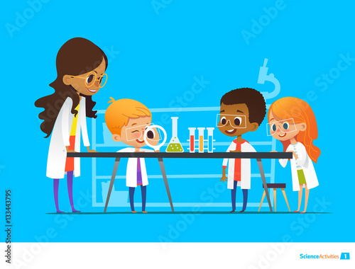 Female teacher demonstrates plant in flask, kids look through magnifier at it during botany lesson. Preschool educational activities and natural sciences education. Vector illustration for website.