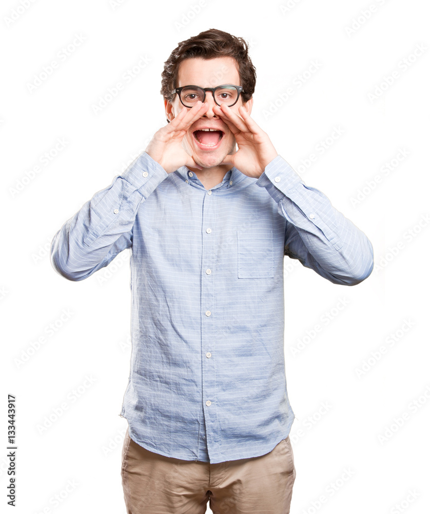Happy young man with a relaxation gesture man shouting Happy young man with a relaxation gesture man shouting