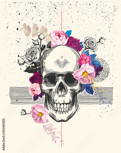 Naturalistic human skull drawn in etching style and surrounded by rose flowers with black ink spatter and lines on background. Trendy vector illustration for postcard, flyer, t-shirt print, poster.