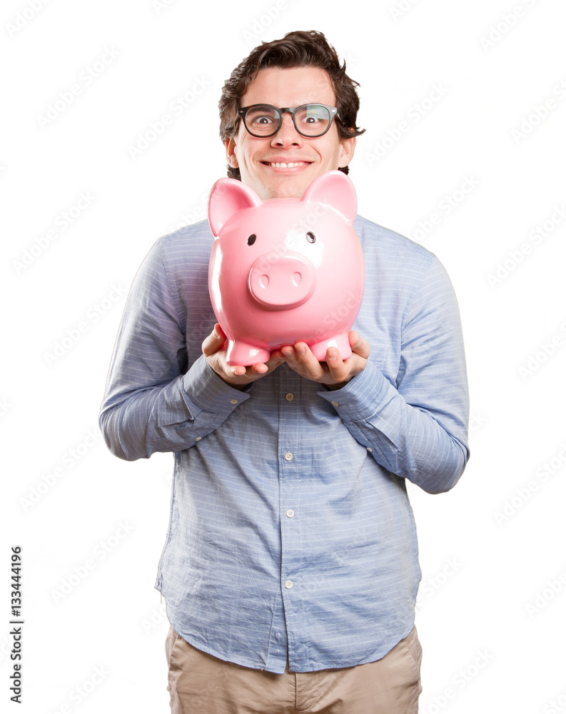 Concept of a satisfied young man saving money