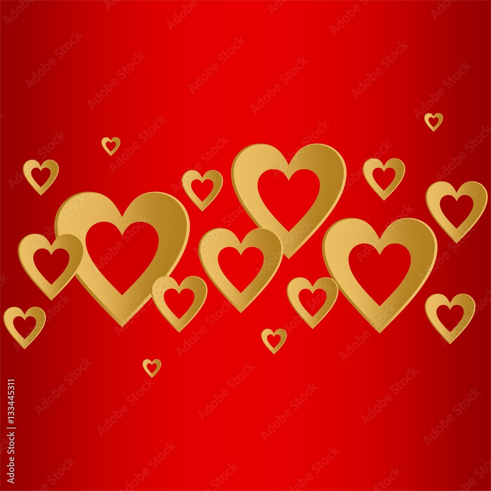 Valentines red background with bright gold heart with the composition of gold hearts in a row at the center. Greeting for lovers and for Mother's Day 