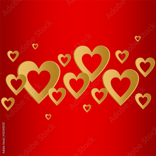 Valentines red background with bright gold heart with the composition of gold hearts in a row at the center. Greeting for lovers and for Mother s Day 