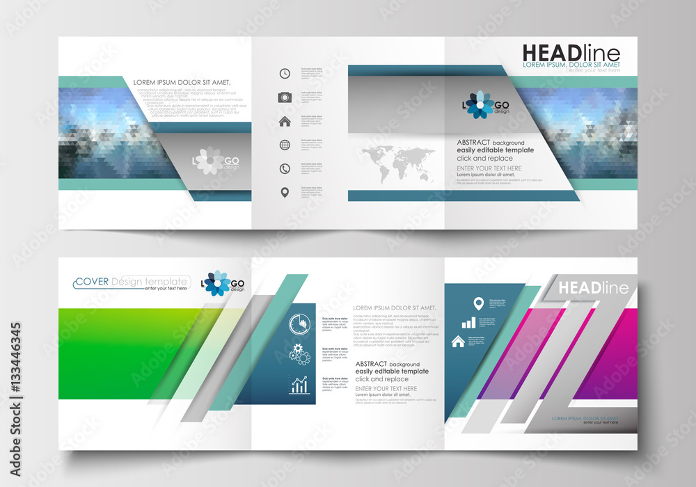 Set of business templates for tri-fold brochures. Square design. Leaflet cover, flat layout, easy editable blank. Abstract triangles, blue triangular background, modern colorful polygonal vector.