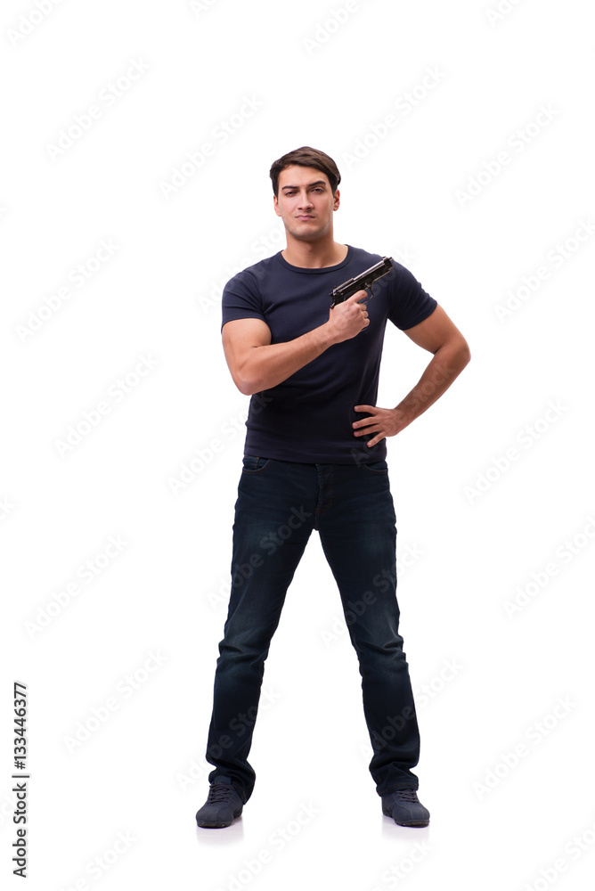 Fototapeta premium Aggressive young man with gun isolated on white