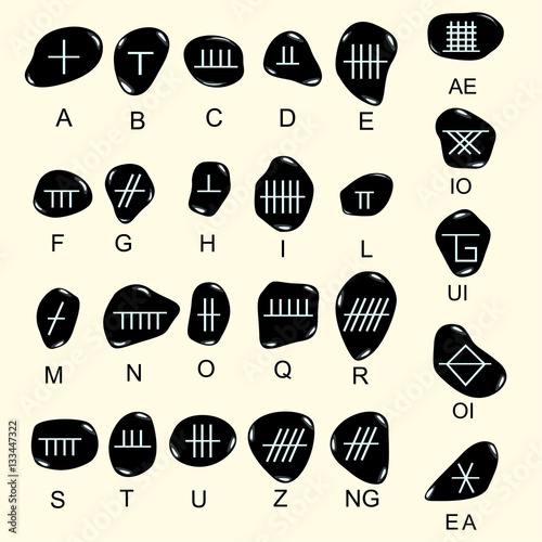 Set of old sacred celtic Ogham alphabet carved in stone. Ancient
