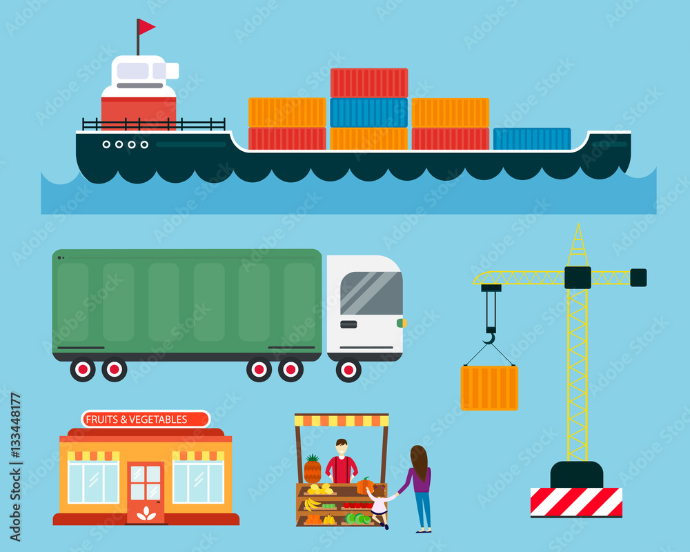 Street seller with stall fruits and ship cargo sea transportation vector illustration. Street seller with stall fruits and ship cargo sea transportation vector illustration.