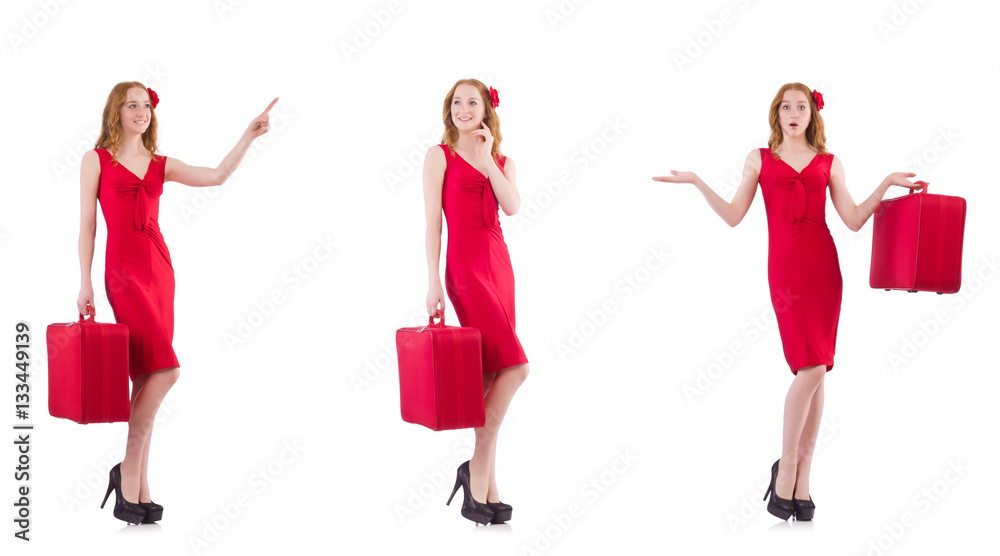 Young woman in red dress with suitcase isolated on white Young woman in red dress with suitcase isolated on white