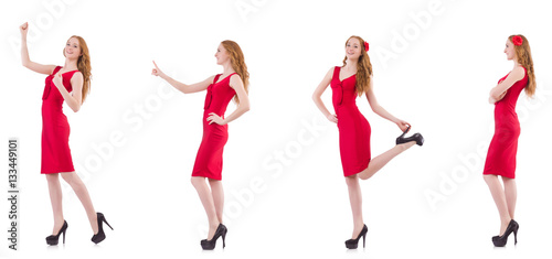 Pretty young girl in red dress isolated on white