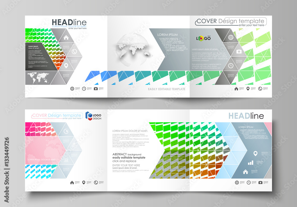 Set of business templates for tri fold square design brochures. Leaflet cover, layout, easy editable vector. Colorful rectangles, moving dynamic shapes forming abstract polygonal style background.
