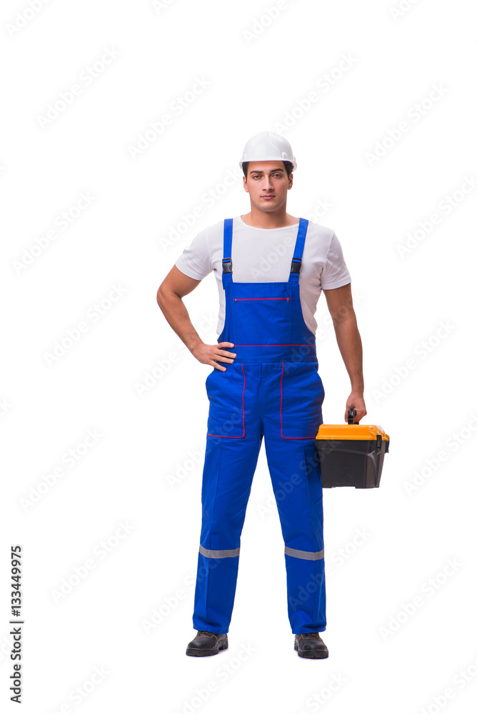 Man with toolbox isolated on white Man with toolbox isolated on white