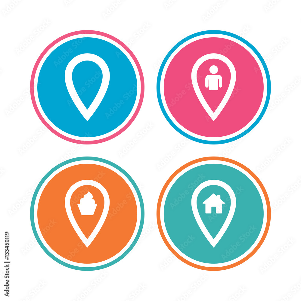 Map pointer icons. Home, food and user location. Map pointer icons. Home, food and user location.