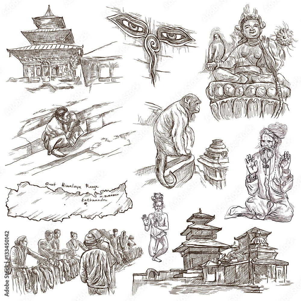 Nepal - Pictures of life. Travel. Full sized hand drawings, originals ...