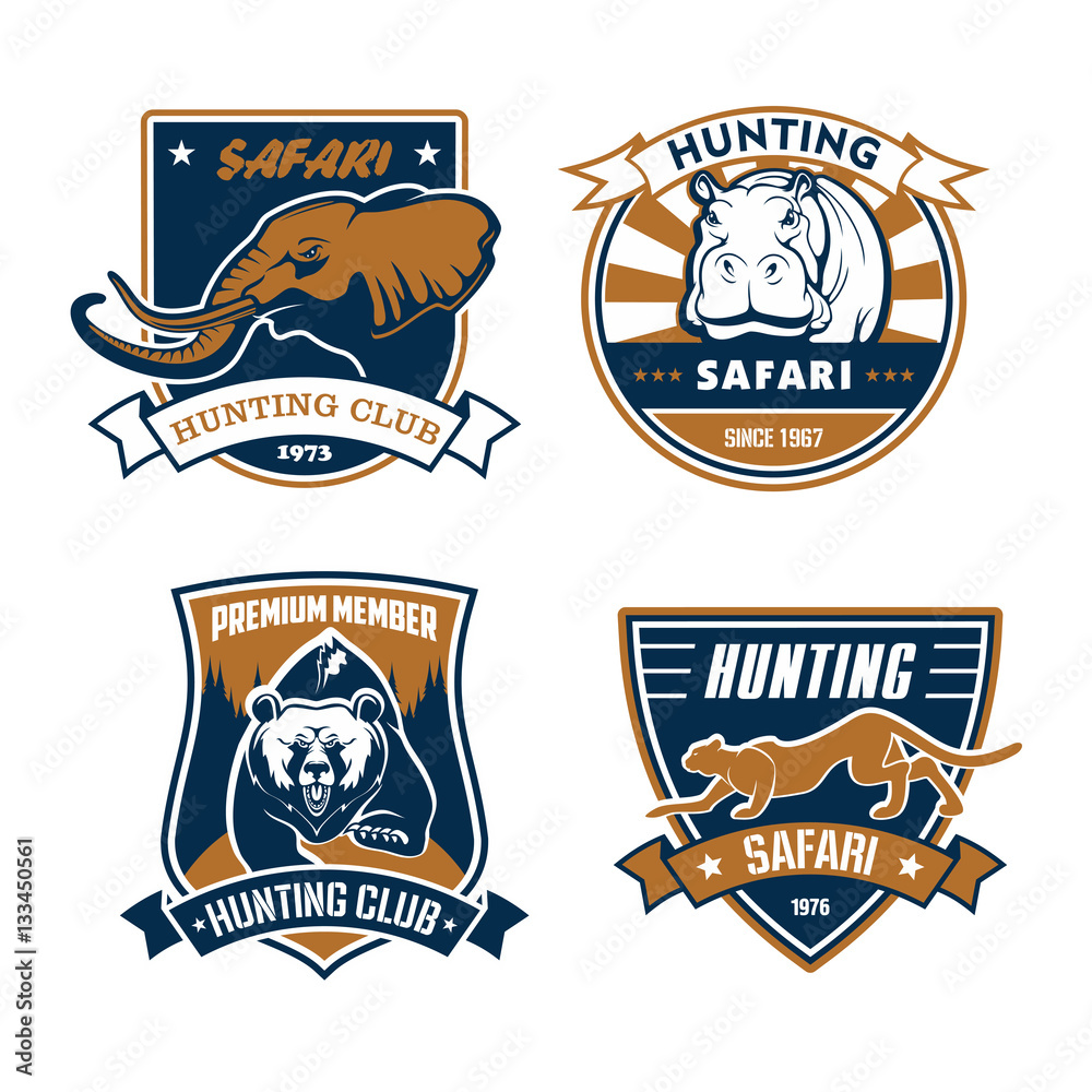 Fototapeta premium Hunting safari club vector icons, hunter emblems