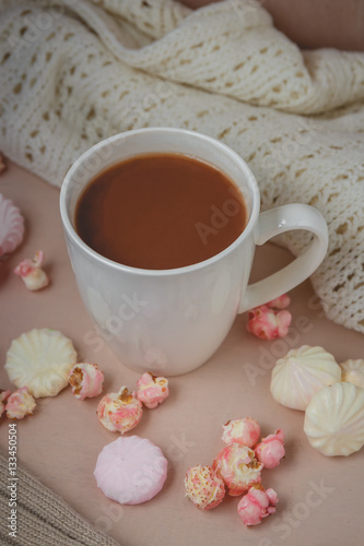 Hot chocolate drink with beze, popcorn