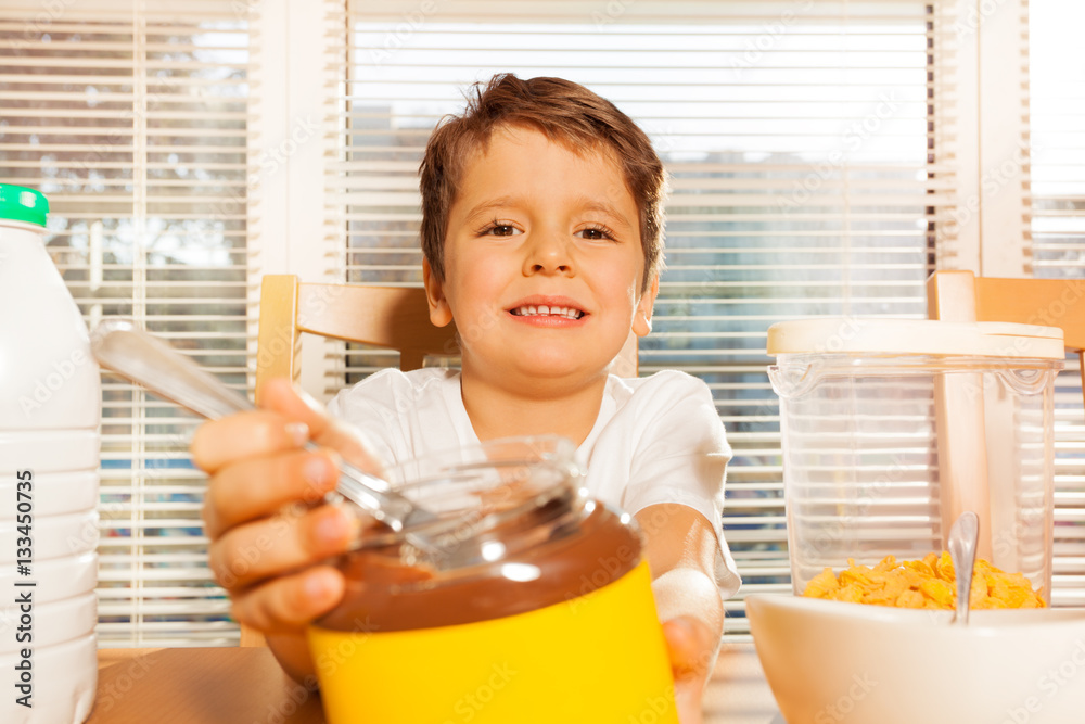 Portrait of happy kid boy with chocolate spread Stock Photo Adobe Stock