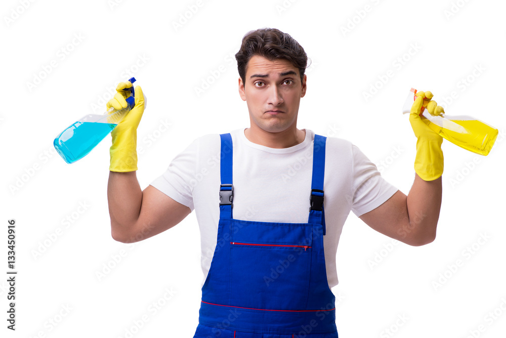 Man with cleaning agents isolated on white background Man with cleaning agents isolated on white background