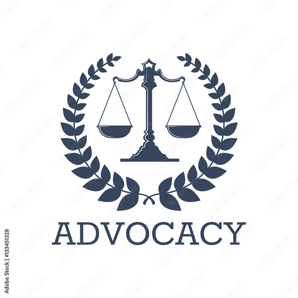 Advocacy vector icon justice scales, laurel wreath Advocacy vector icon justice scales, laurel wreath