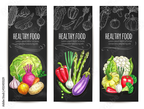 Healthy vegetable food sketch banners set