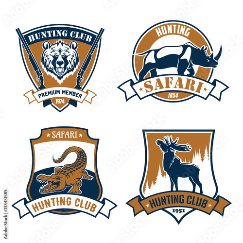 Hunting club vector icons, safari hunt emblems