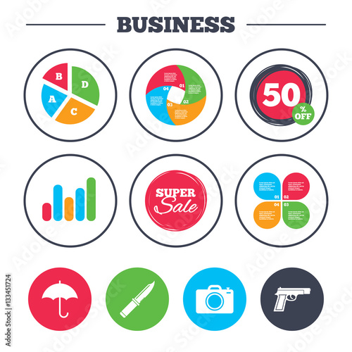 Gun weapon. Knife, umbrella and photo camera.