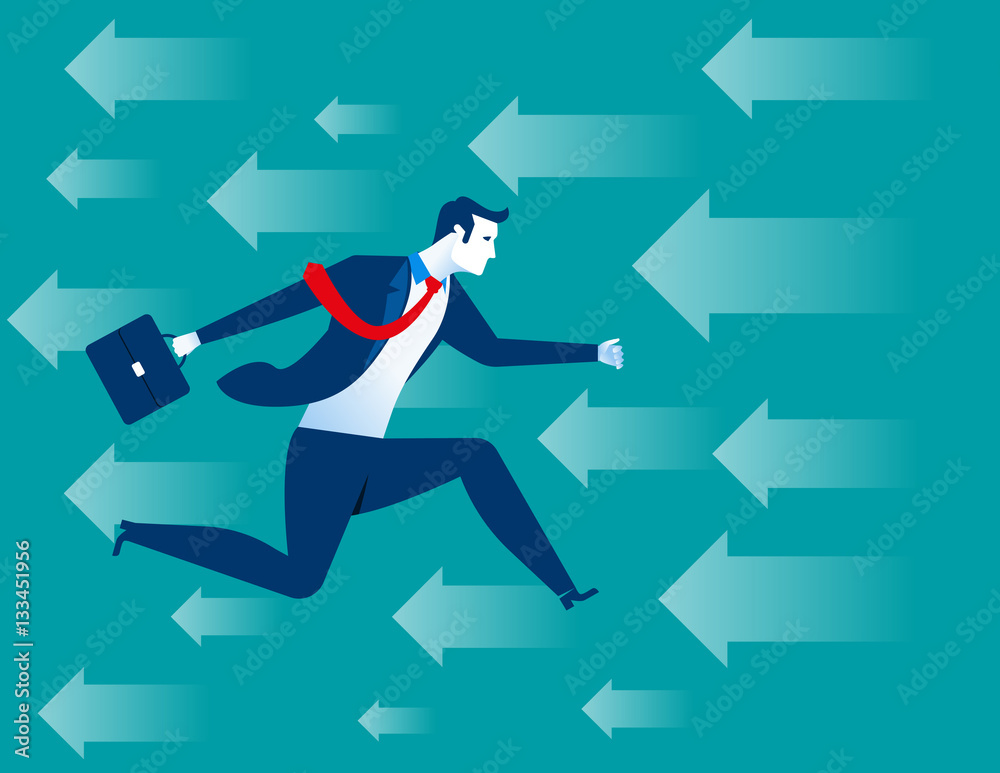 Businessman running on background with arrows Businessman running on background with arrows