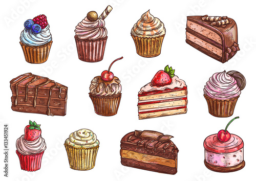 Desserts and sweet cakes sketch vector icons