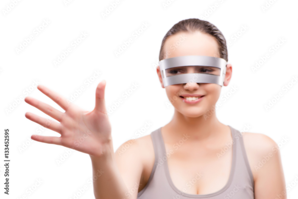 Techno girl pressing virtual button isolated on white Techno girl pressing virtual button isolated on white