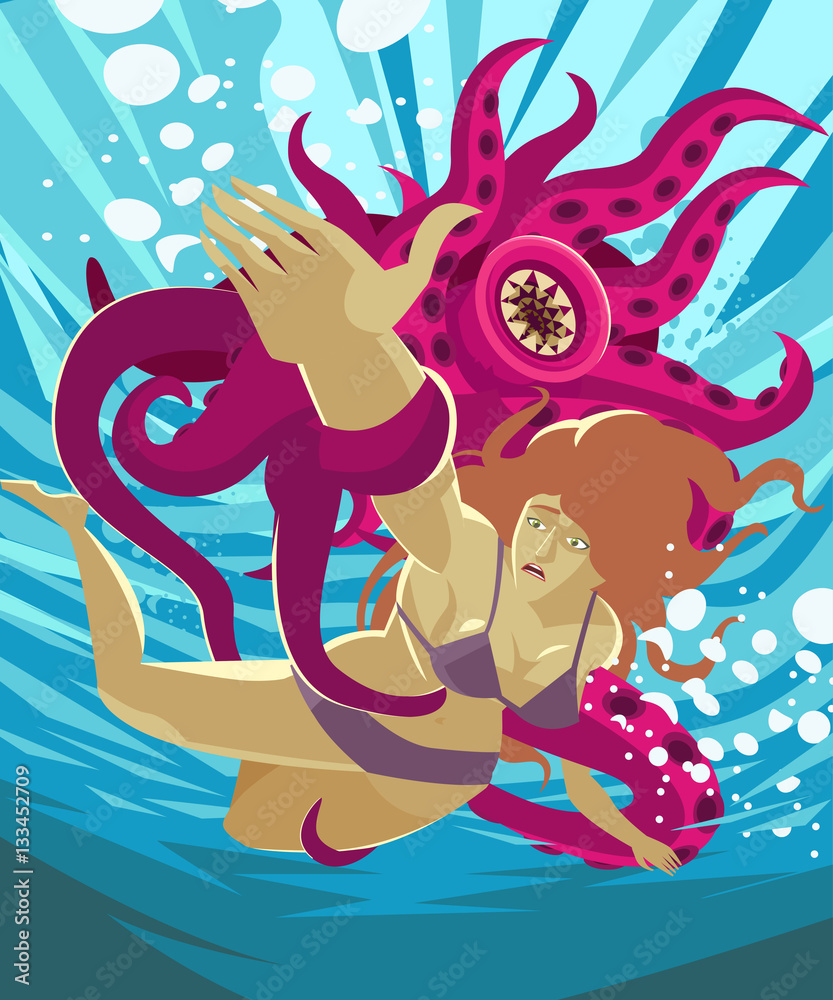 octopus kraken sea creature monster attacking a girl under the sea Stock  Vector | Adobe Stock