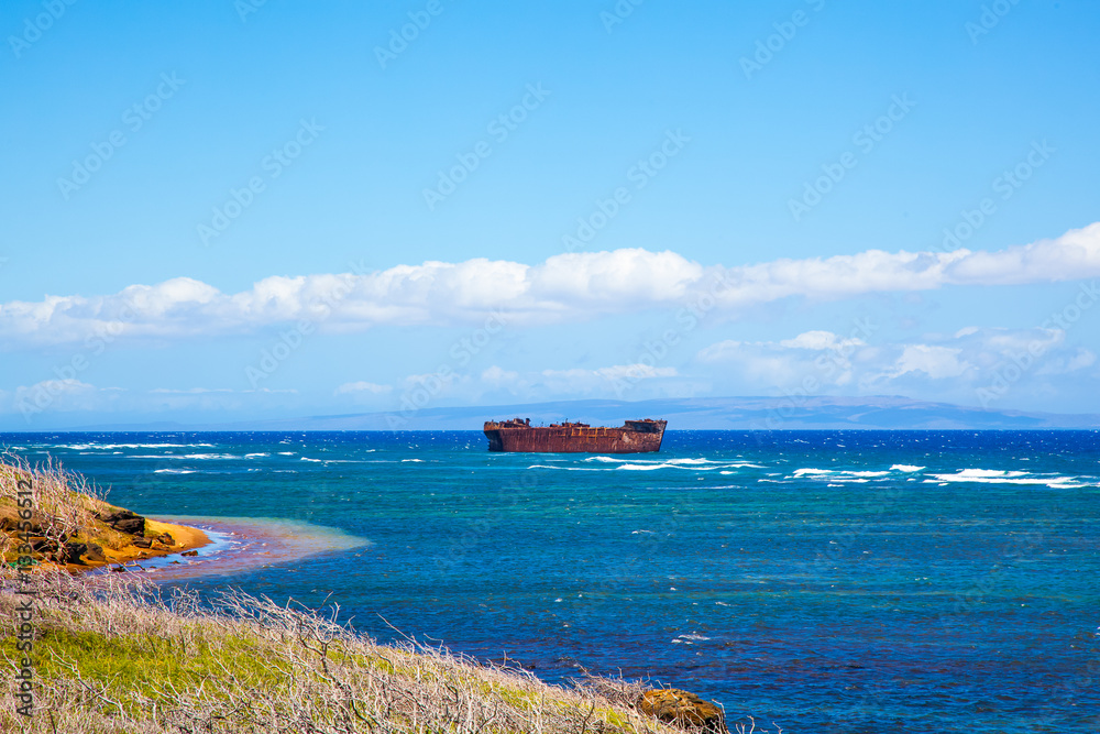Lanai, Hawaii.  Shipwreck beach.  Liberty Ship or YOGN 42 concrete barge. 