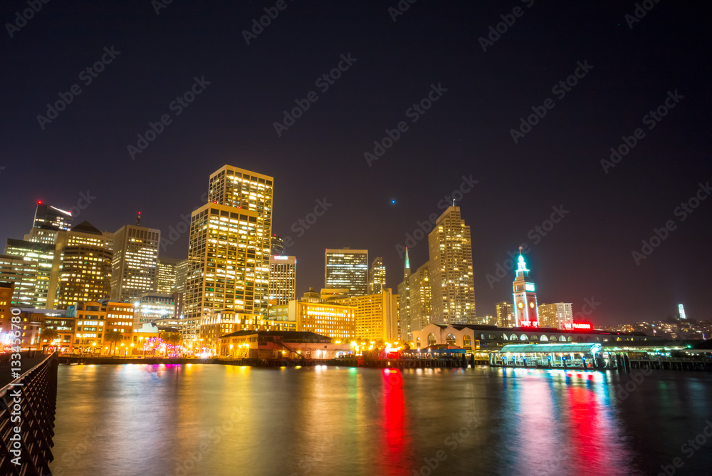 Night view of San Francisco.  Cityscape from Pier 14. Night sky.