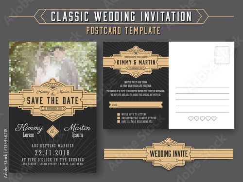 Classic vintage wedding invitation card design, suitable for both traditional and modern trend, you can replace your wedding couple image. Save the date and RSVP postcard template. Vector illustration