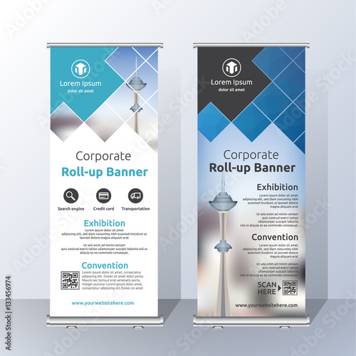 Vertical Roll Up Banner Template Design for Announce and Advertising. Abstract Blue and White Layout Template.  Vector illustration