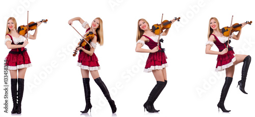 Bavarian girl playing the violin isolated on white