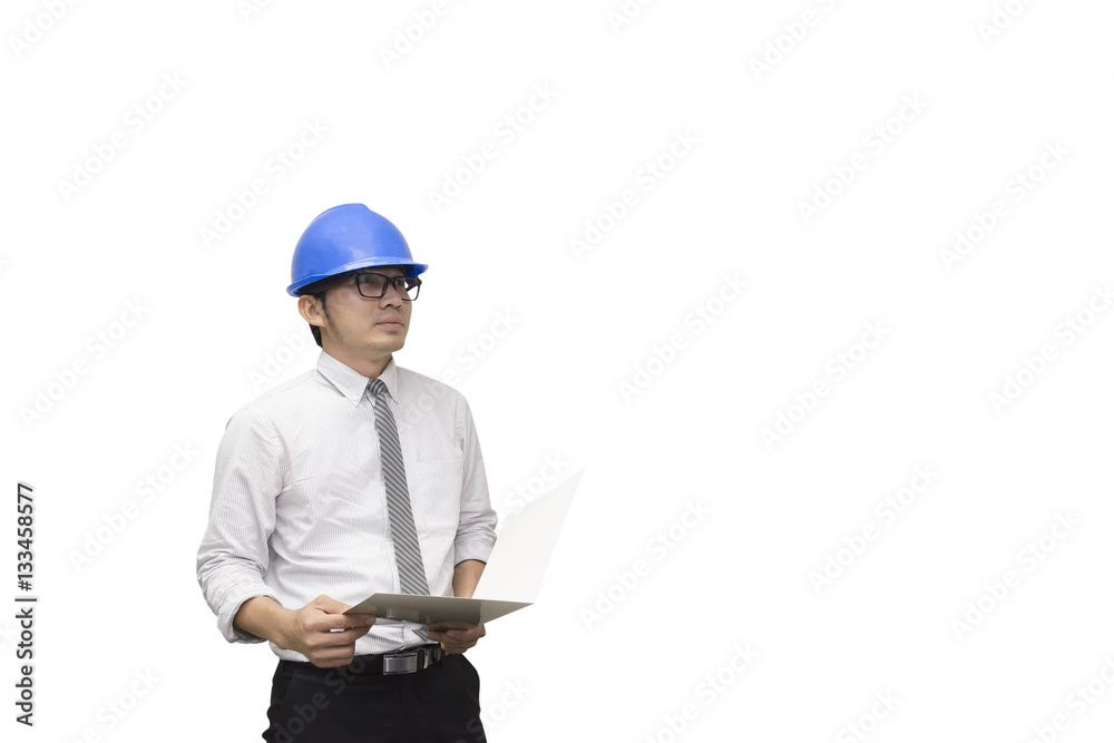 The construction engineer hold the paper with the white background The construction engineer hold the paper with the white background